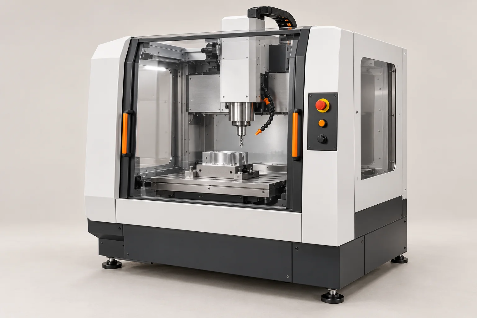 Illustrative enclosed CNC machine with visible tooling and operator controls
